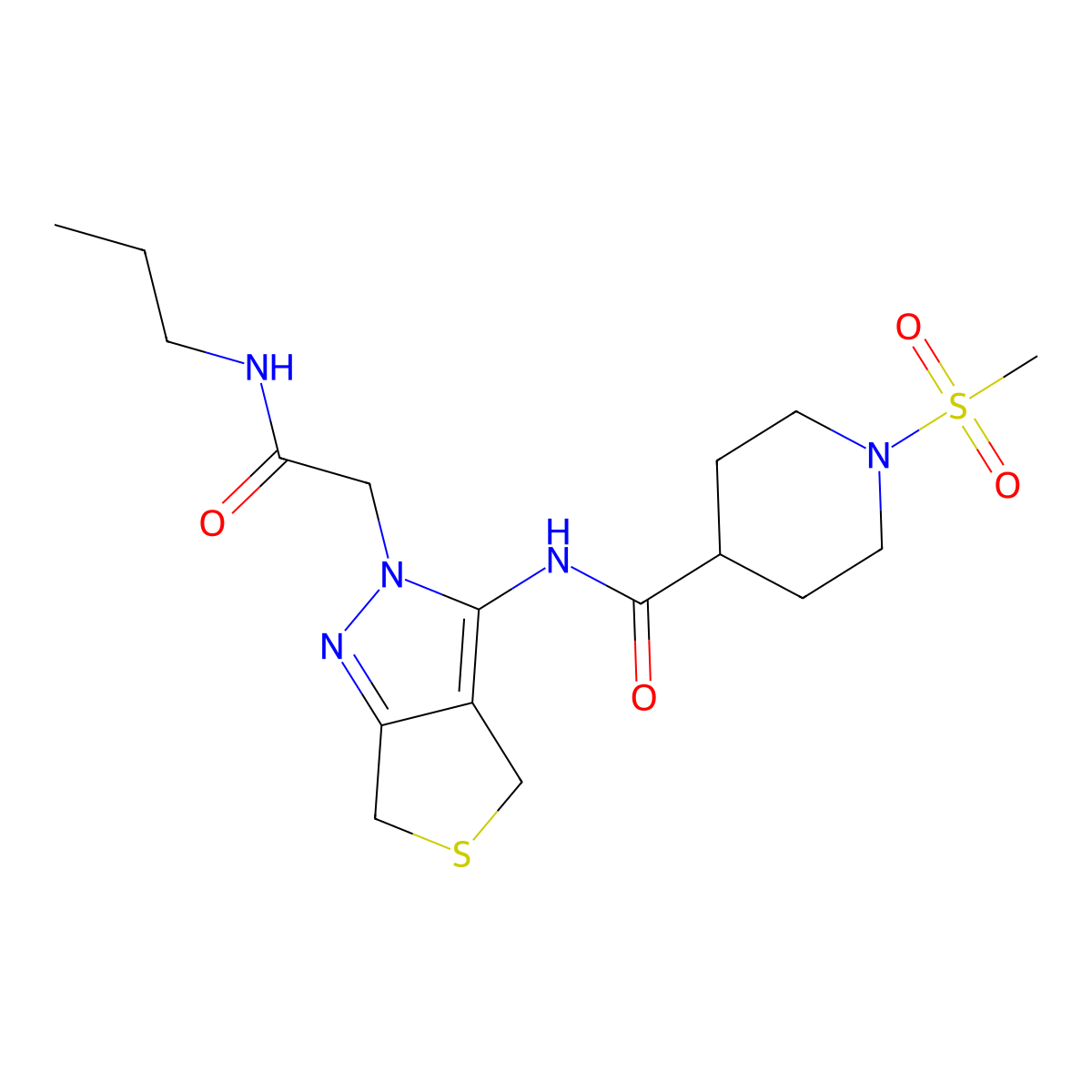 1-(methylsulfonyl)-N-(2-(2-oxo-2-(propylamino)ethyl)-4,6-dihydro-2H-thieno[3,4-c]pyrazol-3-yl)piperidine-4-carboxamide molecular structure, CAS 1105246-93-2