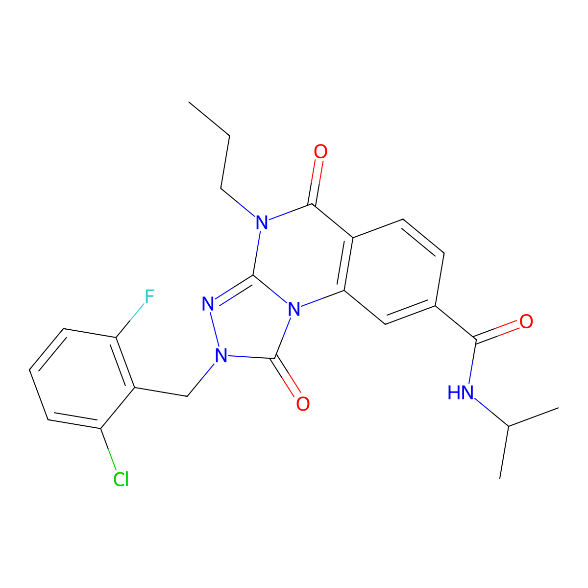 2-[(2-chloranyl-6-fluoranyl-phenyl)methyl]-1,5-bis(oxidanylidene)-N-propan-2-yl-4-propyl-[1,2,4]triazolo[4,3-a]quinazoline-8-carboxamide molecular structure, CAS 1105247-23-1