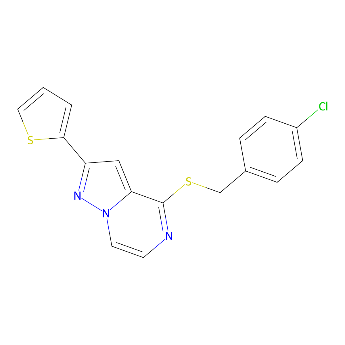 4-[(4-Chlorobenzyl)thio]-2-(2-thienyl)pyrazolo[1,5-a]pyrazine molecular structure, CAS 1105247-38-8