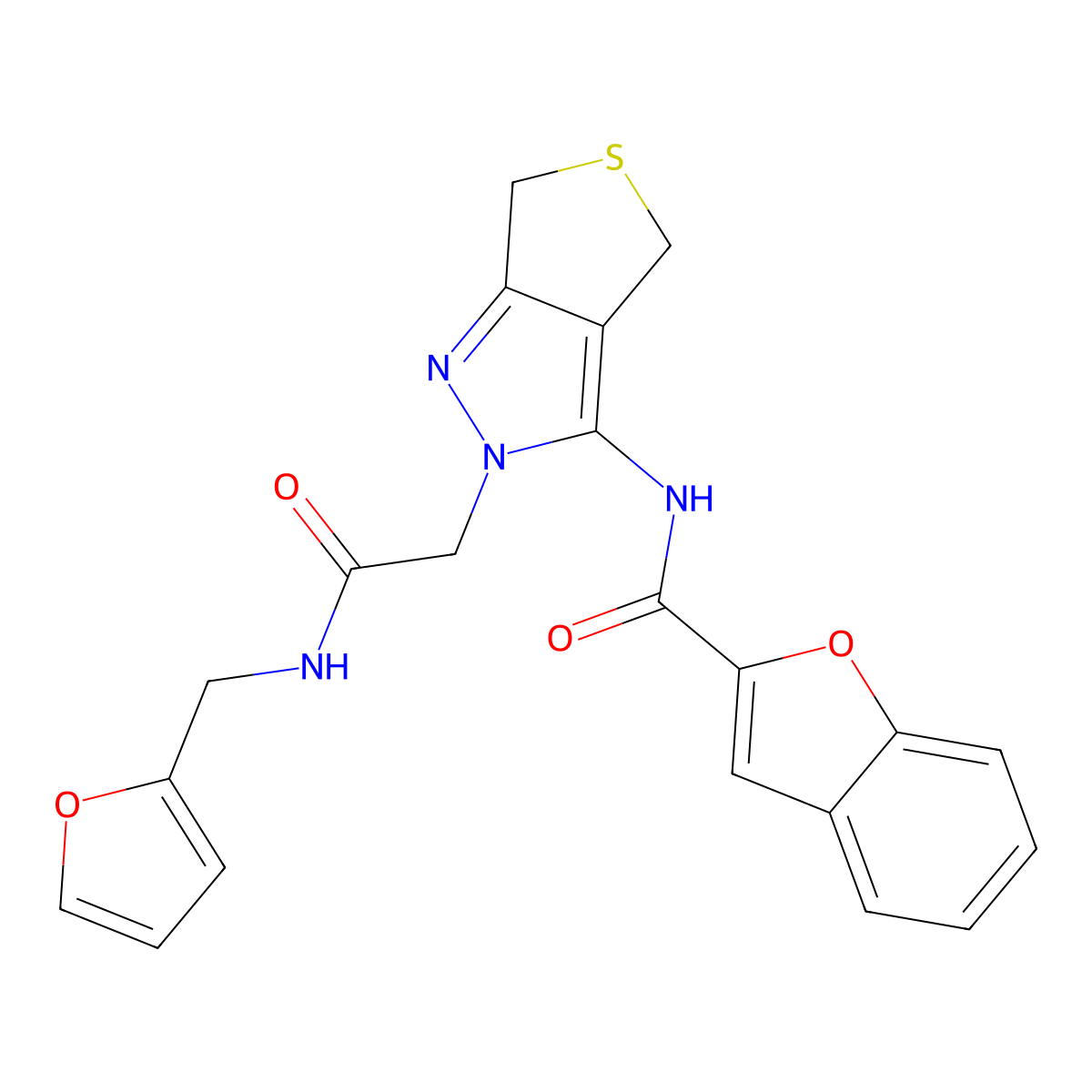 N-[2-({[(furan-2-yl)methyl]carbamoyl}methyl)-2H,4H,6H-thieno[3,4-c]pyrazol-3-yl]-1-benzofuran-2-carboxamide molecular structure, CAS 1105247-48-0
