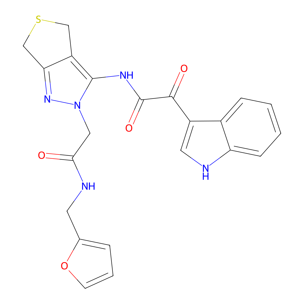N-(2-(2-((furan-2-ylmethyl)amino)-2-oxoethyl)-4,6-dihydro-2H-thieno[3,4-c]pyrazol-3-yl)-2-(1H-indol-3-yl)-2-oxoacetamide molecular structure, CAS 1105247-55-9