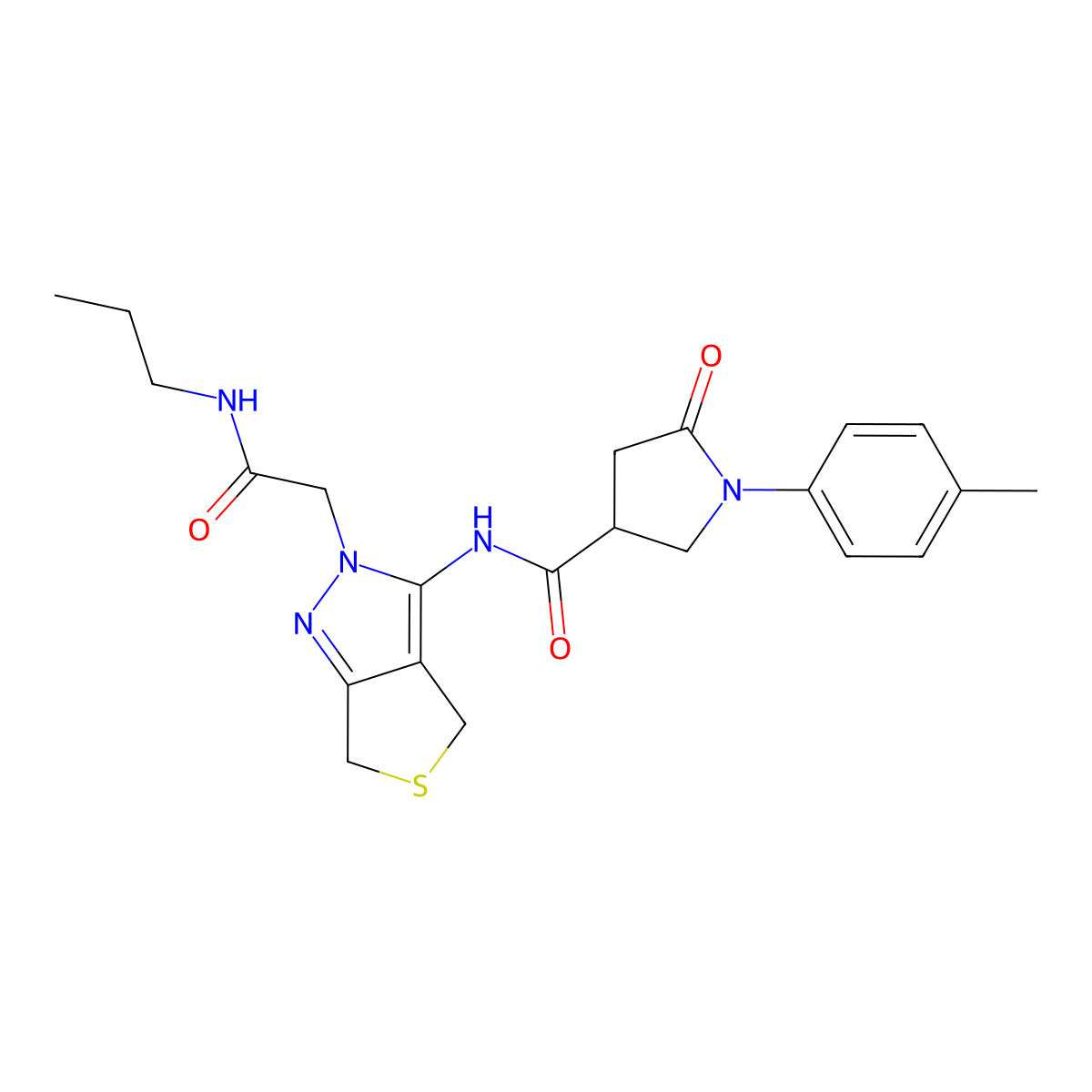 5-oxo-N-(2-(2-oxo-2-(propylamino)ethyl)-4,6-dihydro-2H-thieno[3,4-c]pyrazol-3-yl)-1-(p-tolyl)pyrrolidine-3-carboxamide molecular structure, CAS 1105247-57-1