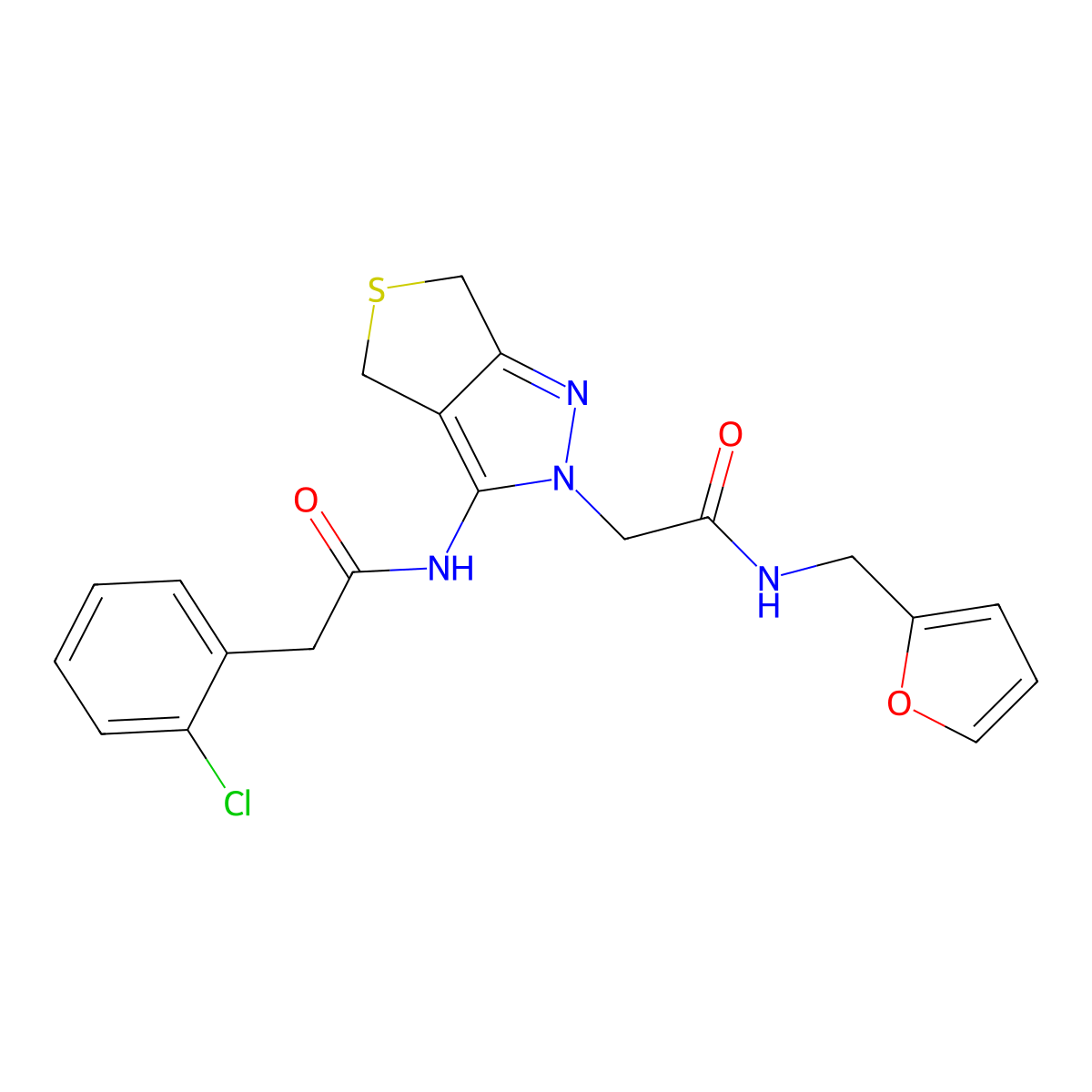 2-(2-chlorophenyl)-N-(2-(2-((furan-2-ylmethyl)amino)-2-oxoethyl)-4,6-dihydro-2H-thieno[3,4-c]pyrazol-3-yl)acetamide molecular structure, CAS 1105247-62-8