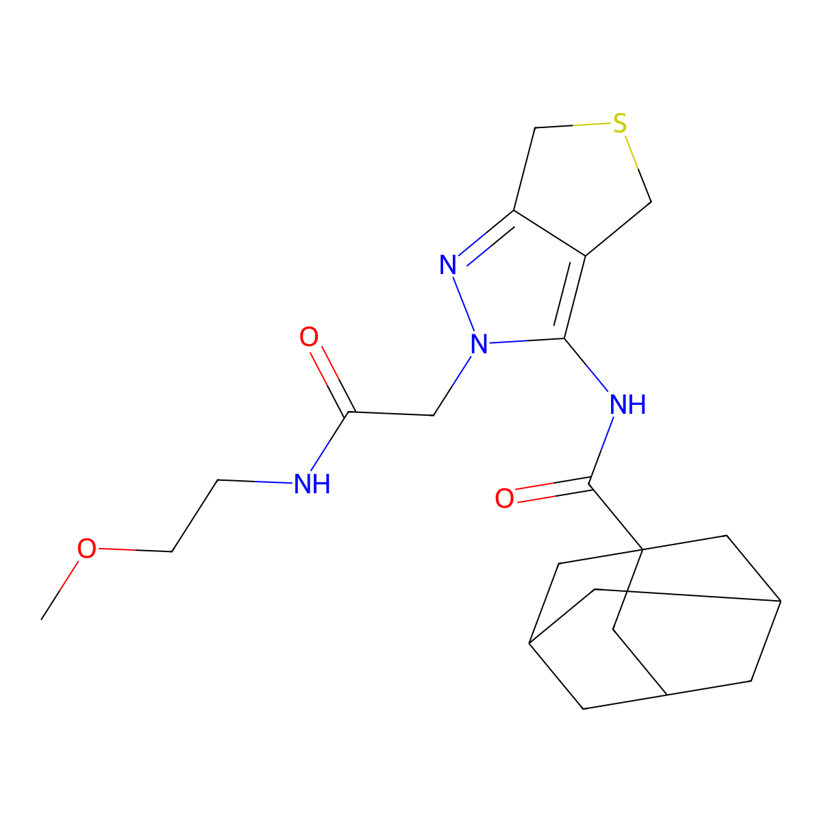(3r,5r,7r)-N-(2-(2-((2-methoxyethyl)amino)-2-oxoethyl)-4,6-dihydro-2H-thieno[3,4-c]pyrazol-3-yl)adamantane-1-carboxamide molecular structure, CAS 1105247-85-5