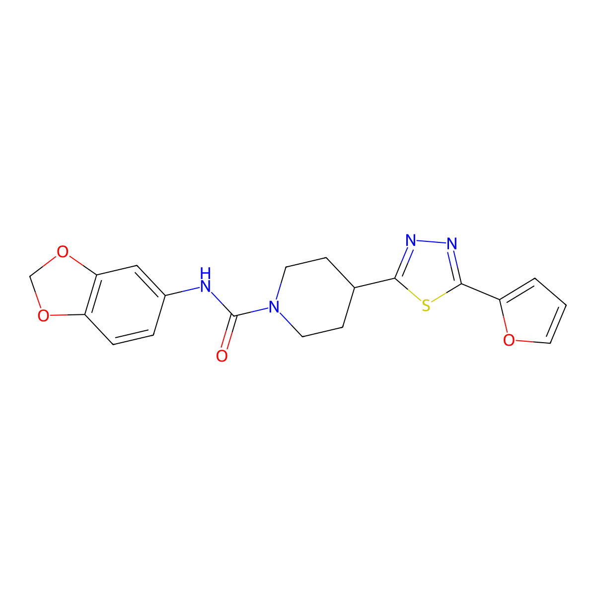 N-(benzo[d][1,3]dioxol-5-yl)-4-(5-(furan-2-yl)-1,3,4-thiadiazol-2-yl)piperidine-1-carboxamide molecular structure, CAS 1105247-89-9