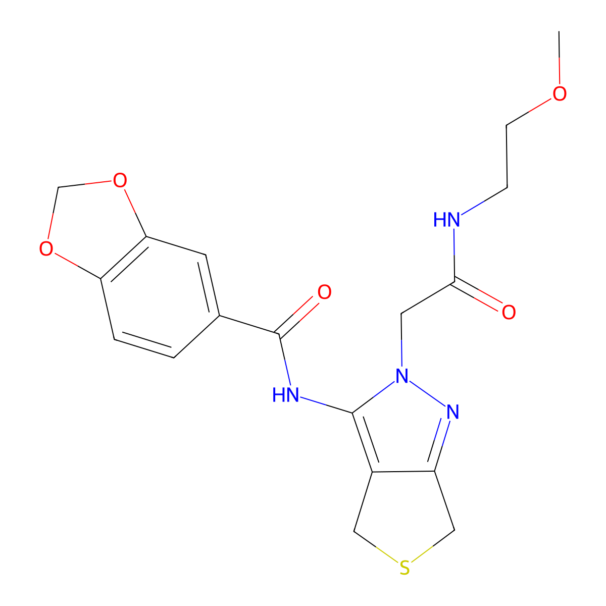 N-(2-(2-((2-methoxyethyl)amino)-2-oxoethyl)-4,6-dihydro-2H-thieno[3,4-c]pyrazol-3-yl)benzo[d][1,3]dioxole-5-carboxamide molecular structure, CAS 1105247-93-5