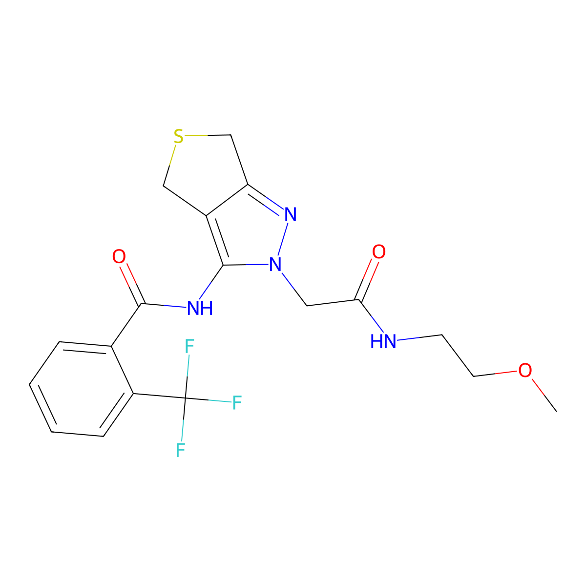 N-(2-(2-((2-methoxyethyl)amino)-2-oxoethyl)-4,6-dihydro-2H-thieno[3,4-c]pyrazol-3-yl)-2-(trifluoromethyl)benzamide molecular structure, CAS 1105248-01-8