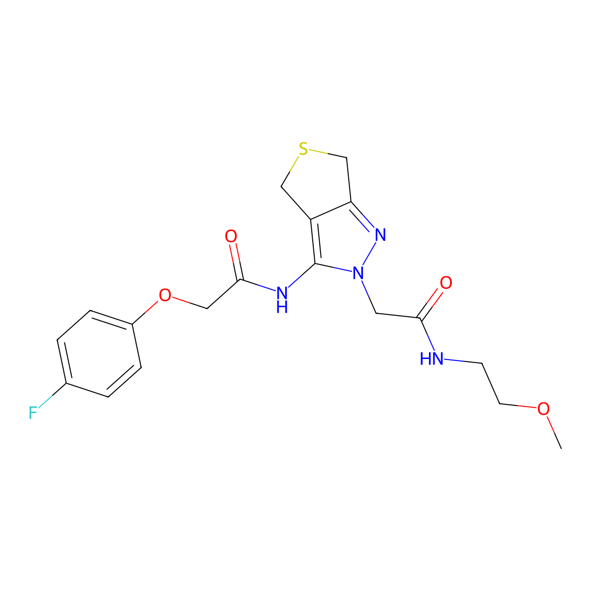 2-(4-fluorophenoxy)-N-(2-{[(2-methoxyethyl)carbamoyl]methyl}-2H,4H,6H-thieno[3,4-c]pyrazol-3-yl)acetamide molecular structure, CAS 1105248-17-6