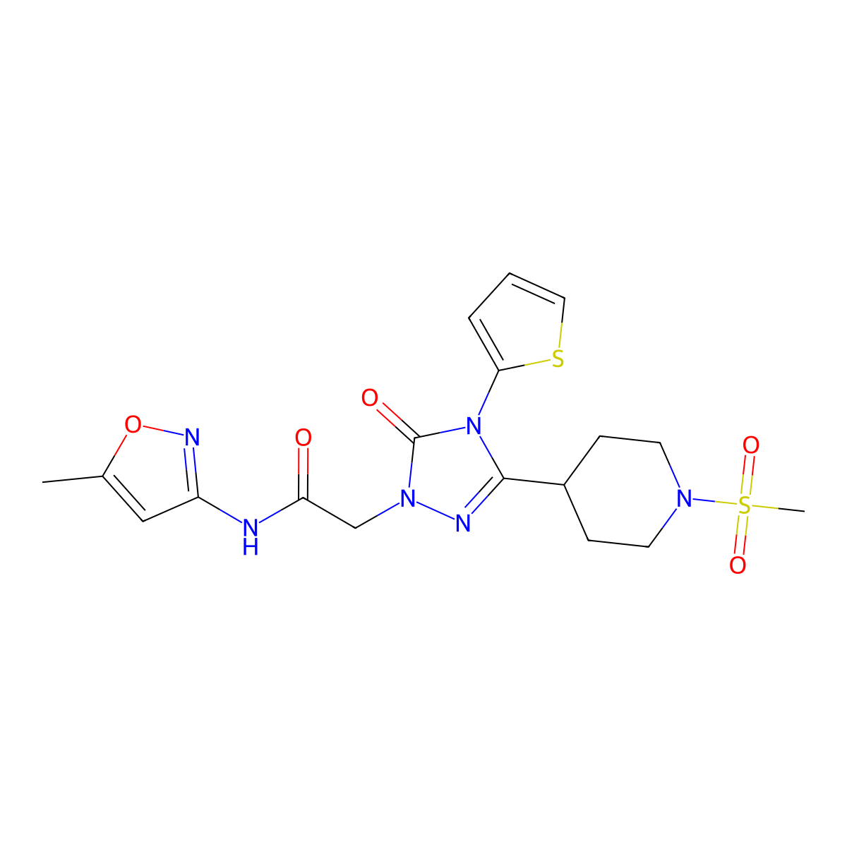 N-(5-methylisoxazol-3-yl)-2-(3-(1-(methylsulfonyl)piperidin-4-yl)-5-oxo-4-(thiophen-2-yl)-4,5-dihydro-1H-1,2,4-triazol-1-yl)acetamide molecular structure, CAS 1105248-21-2