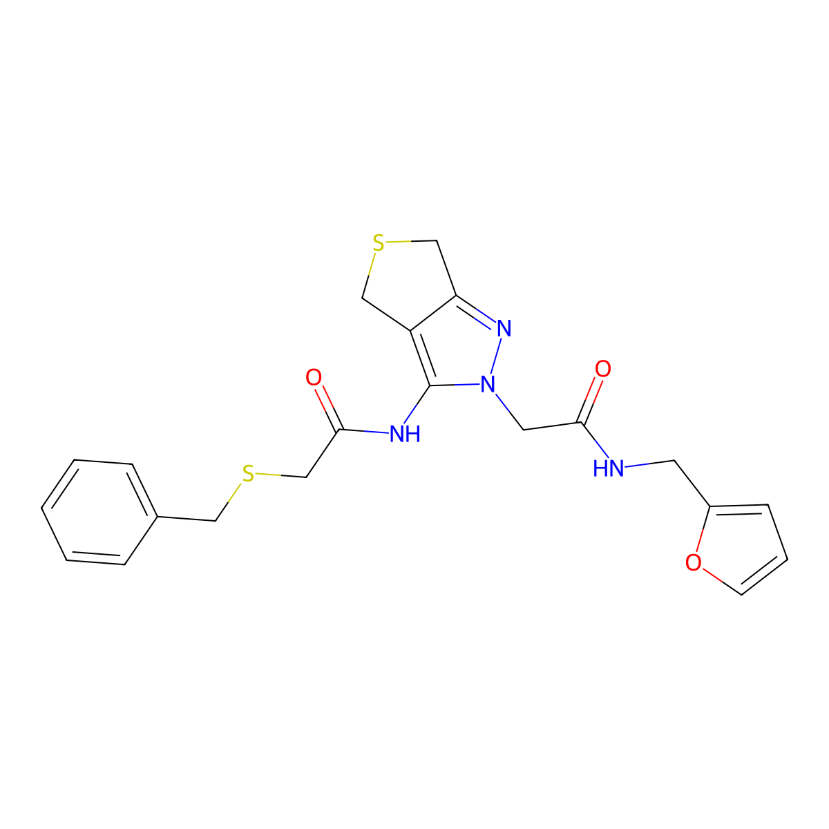 2-(benzylthio)-N-(2-(2-((furan-2-ylmethyl)amino)-2-oxoethyl)-4,6-dihydro-2H-thieno[3,4-c]pyrazol-3-yl)acetamide molecular structure, CAS 1105248-23-4