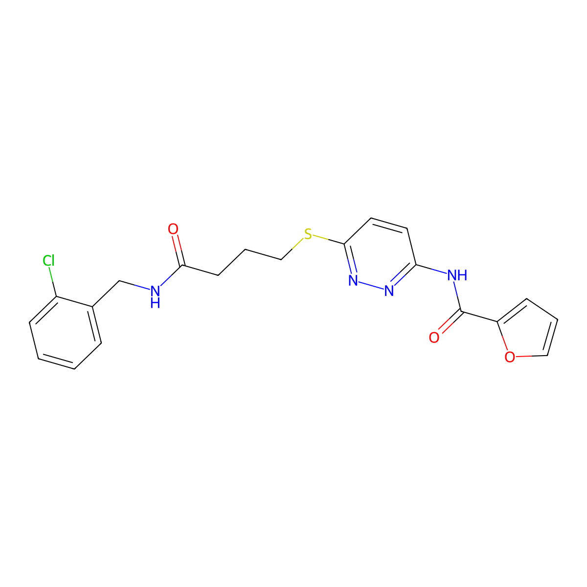 N-(6-((4-((2-chlorobenzyl)amino)-4-oxobutyl)thio)pyridazin-3-yl)furan-2-carboxamide molecular structure, CAS 1105248-28-9