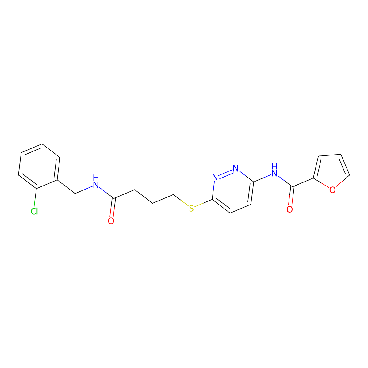 N-(6-((4-((2-chlorobenzyl)amino)-4-oxobutyl)thio)pyridazin-3-yl)furan-2-carboxamide molecular structure, CAS 1105248-28-9