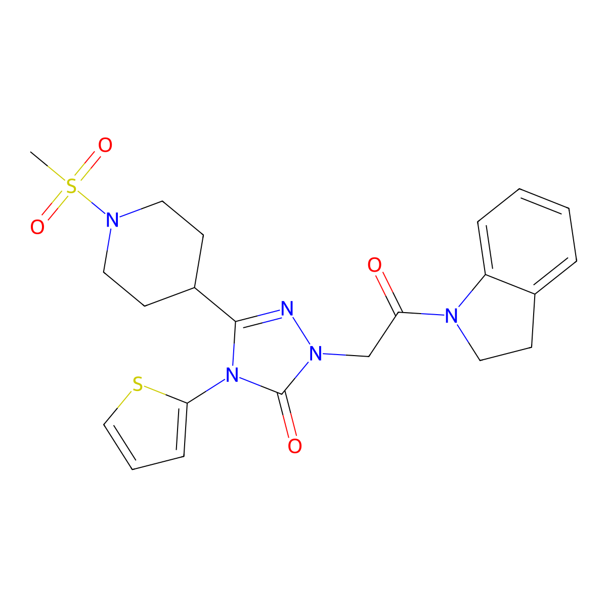 1-(2-(indolin-1-yl)-2-oxoethyl)-3-(1-(methylsulfonyl)piperidin-4-yl)-4-(thiophen-2-yl)-1H-1,2,4-triazol-5(4H)-one molecular structure, CAS 1105248-29-0