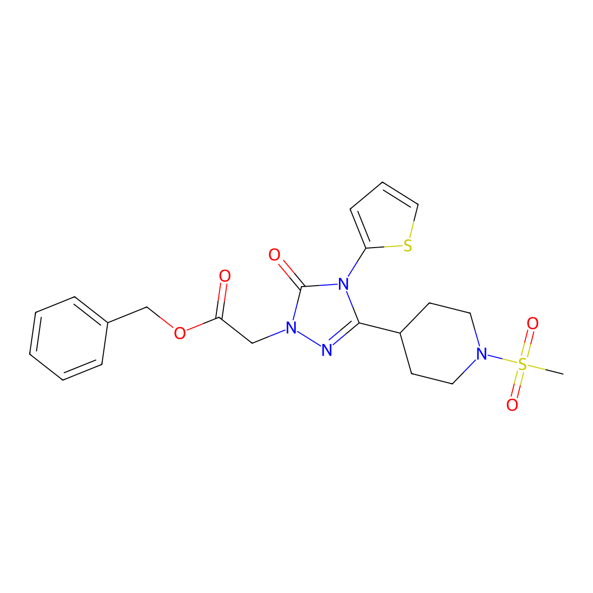 benzyl 2-(3-(1-(methylsulfonyl)piperidin-4-yl)-5-oxo-4-(thiophen-2-yl)-4,5-dihydro-1H-1,2,4-triazol-1-yl)acetate molecular structure, CAS 1105248-37-0