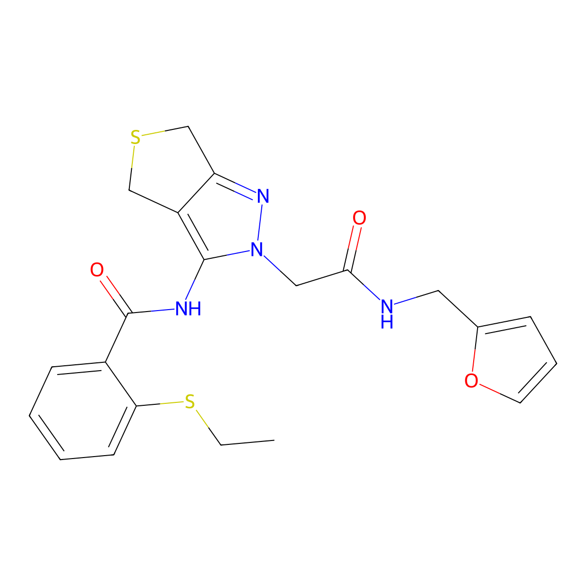 2-(ethylthio)-N-(2-(2-((furan-2-ylmethyl)amino)-2-oxoethyl)-4,6-dihydro-2H-thieno[3,4-c]pyrazol-3-yl)benzamide molecular structure, CAS 1105248-47-2