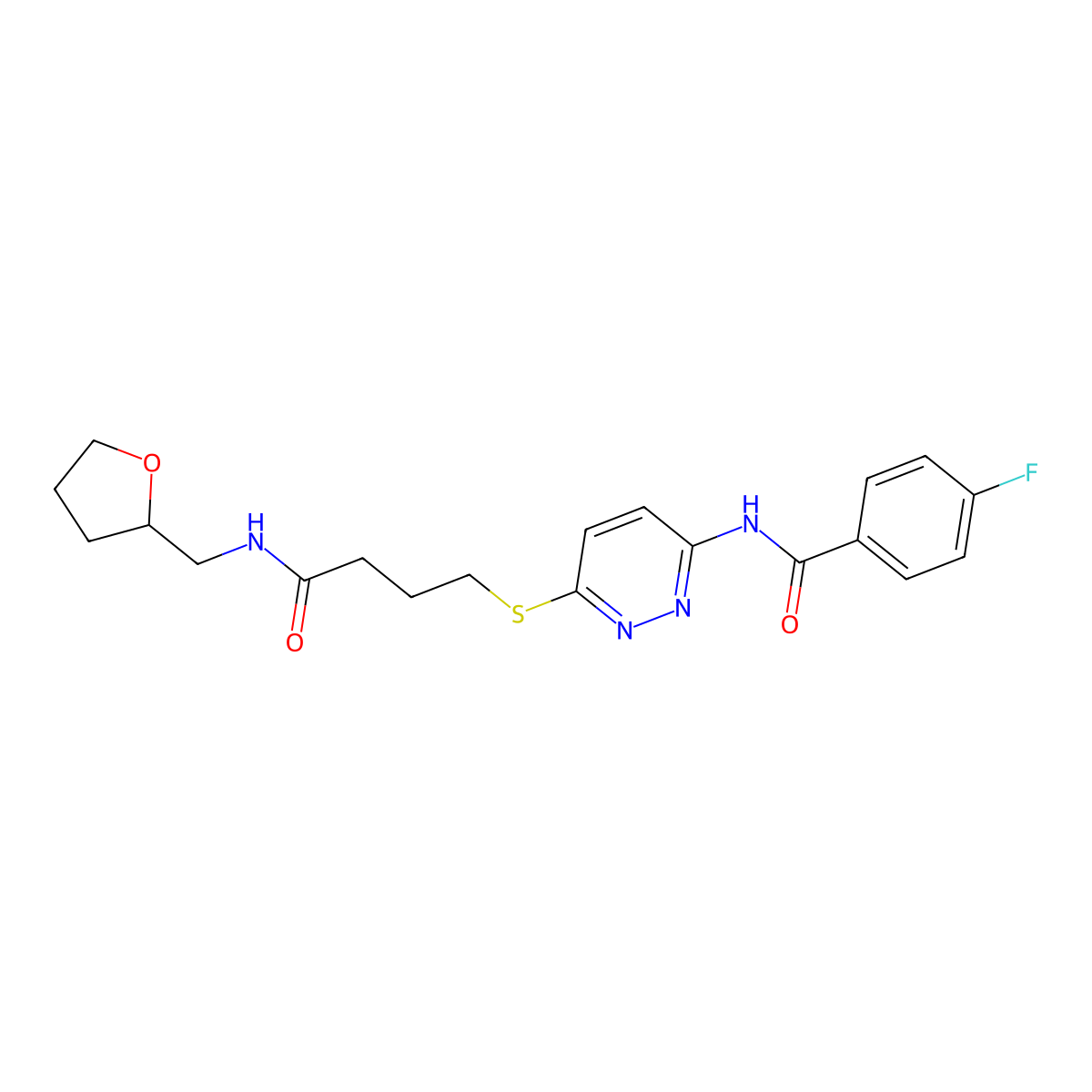 4-fluoro-N-(6-((4-oxo-4-(((tetrahydrofuran-2-yl)methyl)amino)butyl)thio)pyridazin-3-yl)benzamide molecular structure, CAS 1105248-52-9