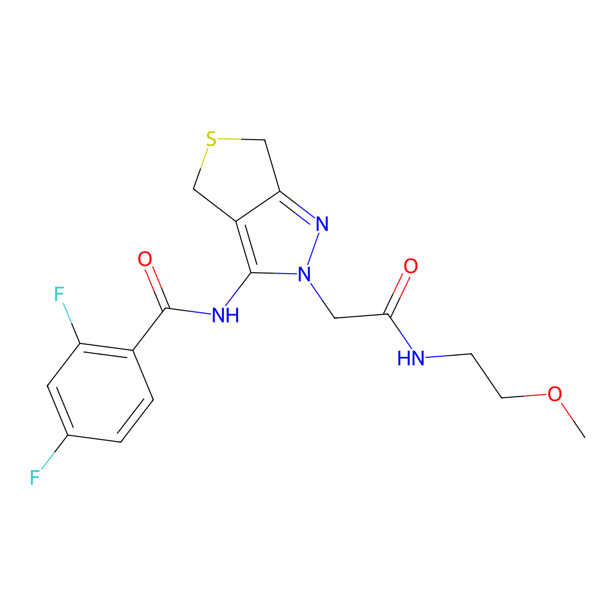 2,4-difluoro-N-(2-(2-((2-methoxyethyl)amino)-2-oxoethyl)-4,6-dihydro-2H-thieno[3,4-c]pyrazol-3-yl)benzamide molecular structure, CAS 1105248-65-4