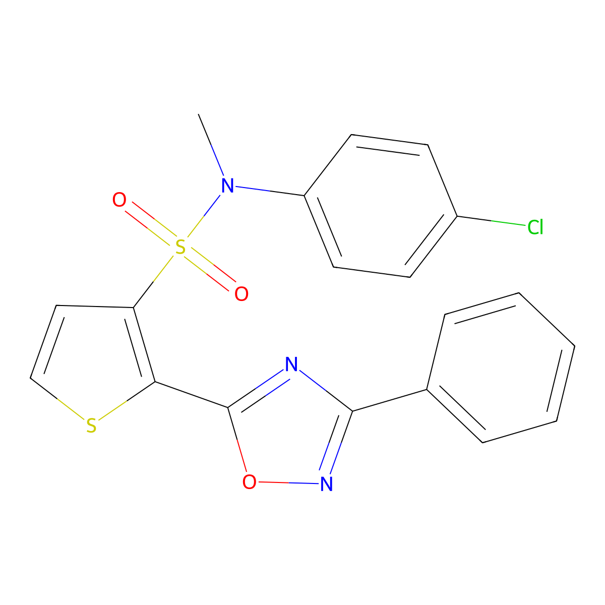 N-(4-chlorophenyl)-N-methyl-2-(3-phenyl-1,2,4-oxadiazol-5-yl)thiophene-3-sulfonamide molecular structure, CAS 1105248-67-6