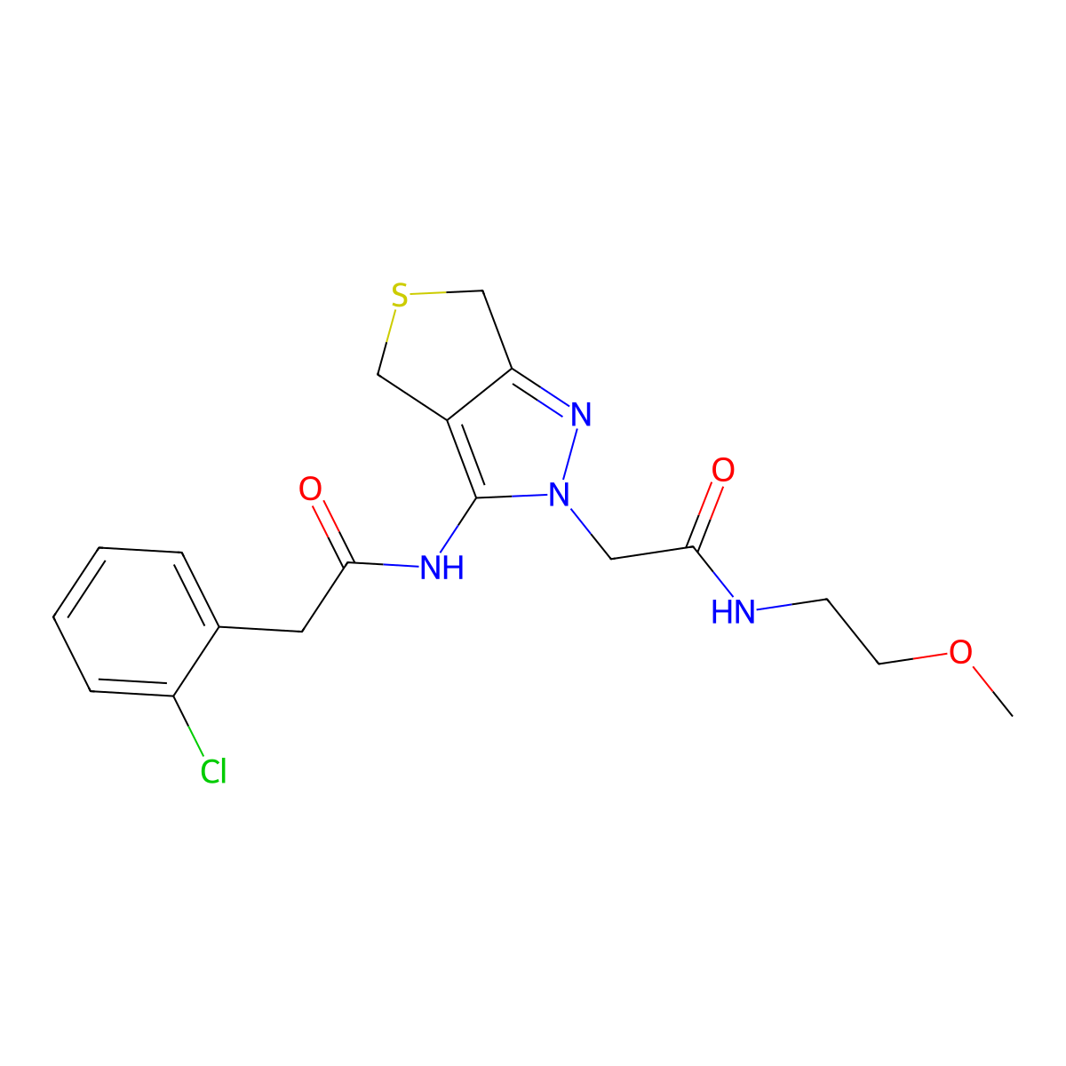 2-(2-chlorophenyl)-N-(2-(2-((2-methoxyethyl)amino)-2-oxoethyl)-4,6-dihydro-2H-thieno[3,4-c]pyrazol-3-yl)acetamide molecular structure, CAS 1105248-73-4