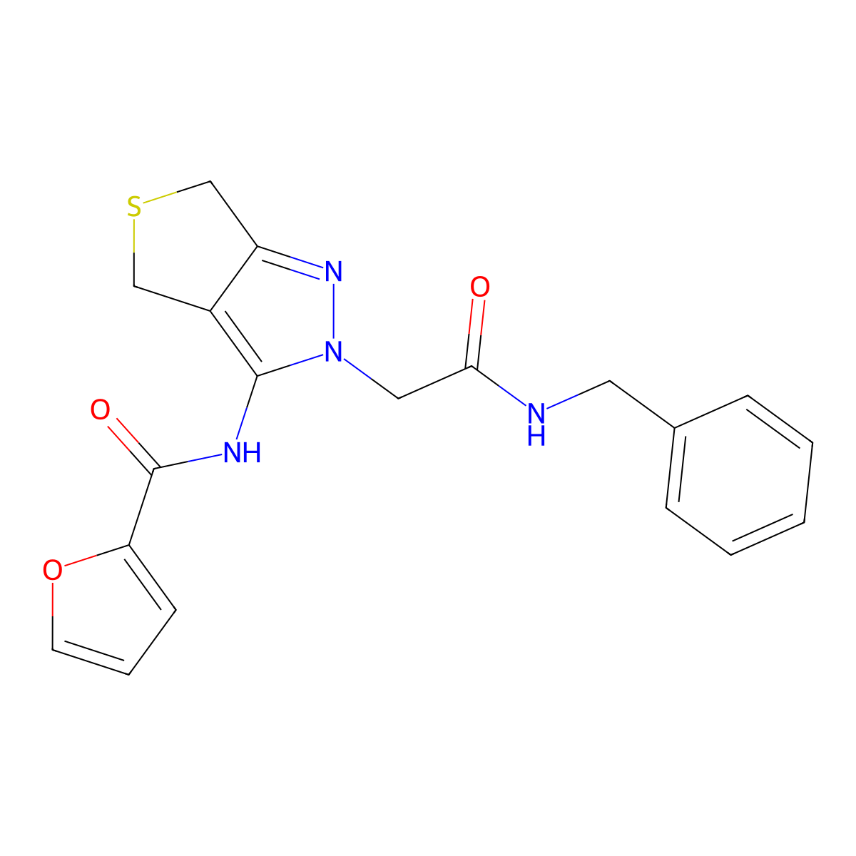 N-(2-(2-(benzylamino)-2-oxoethyl)-4,6-dihydro-2H-thieno[3,4-c]pyrazol-3-yl)furan-2-carboxamide molecular structure, CAS 1105248-87-0
