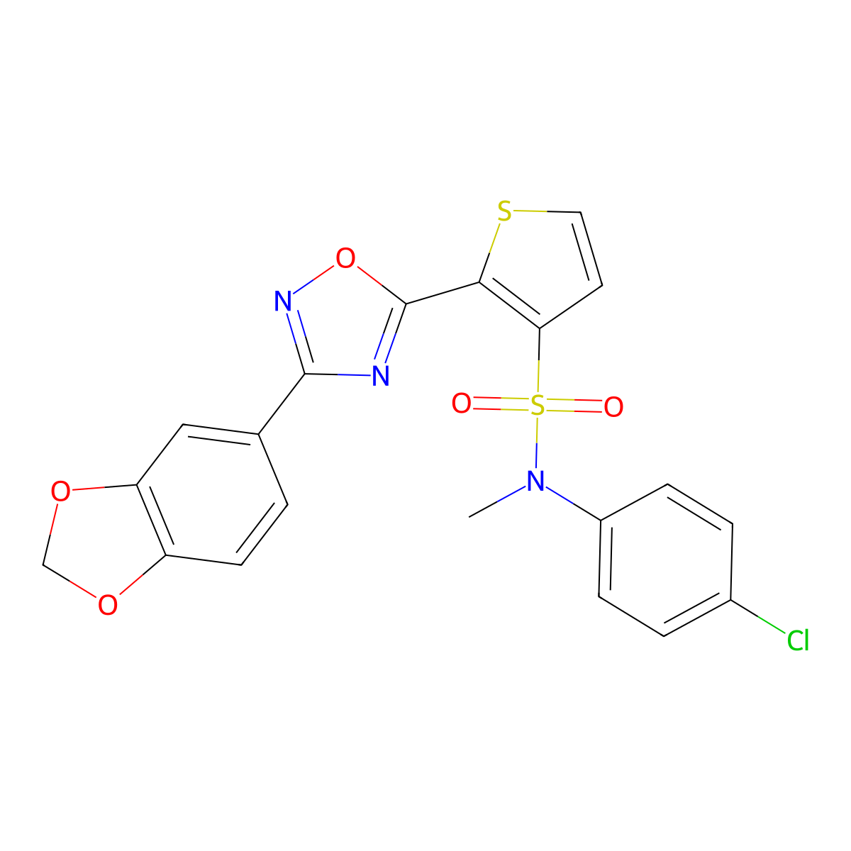 2-[3-(1,3-benzodioxol-5-yl)-1,2,4-oxadiazol-5-yl]-N-(4-chlorophenyl)-N-methylthiophene-3-sulfonamide molecular structure, CAS 1105248-91-6