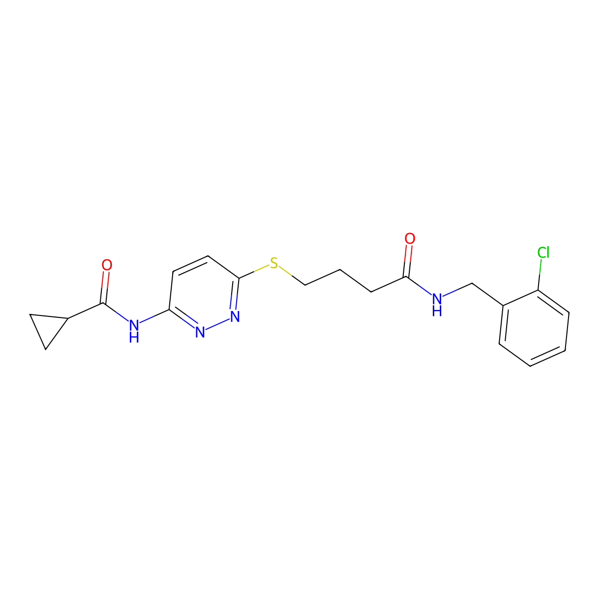N-(6-((4-((2-chlorobenzyl)amino)-4-oxobutyl)thio)pyridazin-3-yl)cyclopropanecarboxamide molecular structure, CAS 1105248-96-1