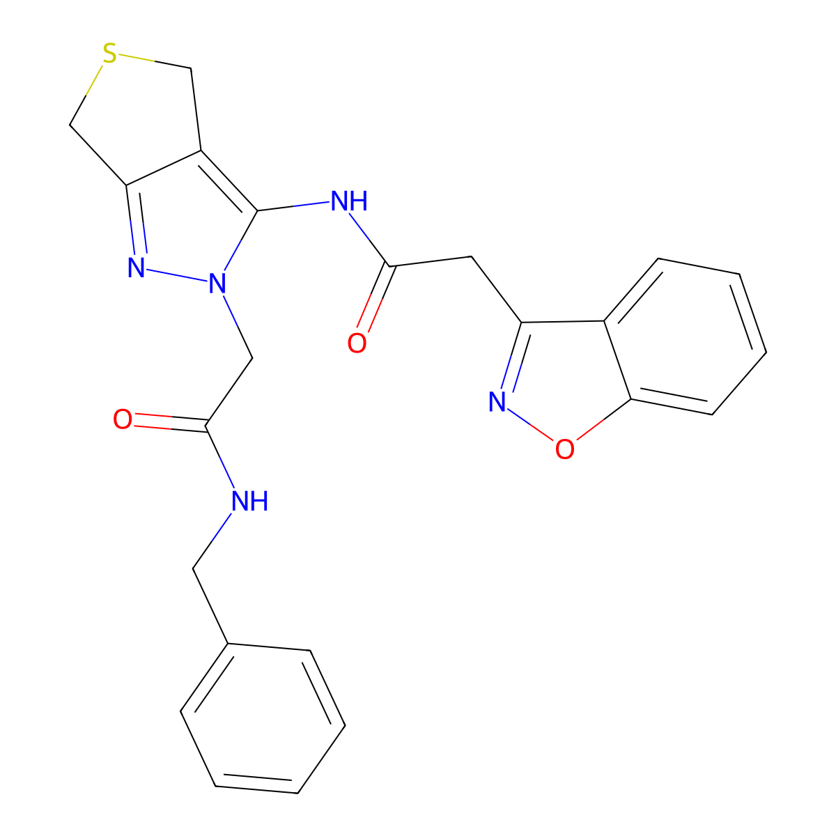 2-(benzo[d]isoxazol-3-yl)-N-(2-(2-(benzylamino)-2-oxoethyl)-4,6-dihydro-2H-thieno[3,4-c]pyrazol-3-yl)acetamide molecular structure, CAS 1105249-02-2