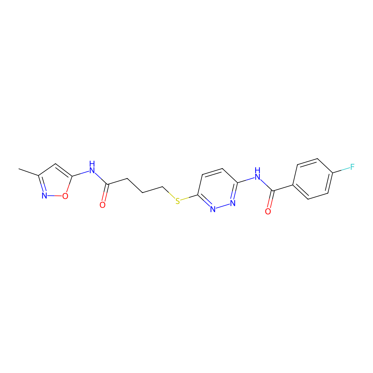4-fluoro-N-(6-((4-((3-methylisoxazol-5-yl)amino)-4-oxobutyl)thio)pyridazin-3-yl)benzamide molecular structure, CAS 1105249-06-6