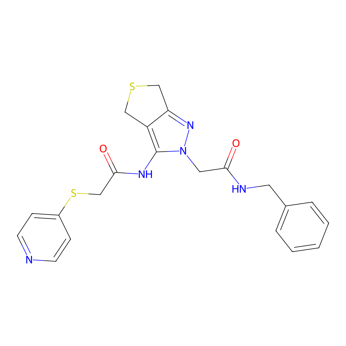 N-benzyl-2-(3-(2-(pyridin-4-ylthio)acetamido)-4,6-dihydro-2H-thieno[3,4-c]pyrazol-2-yl)acetamide molecular structure, CAS 1105249-09-9