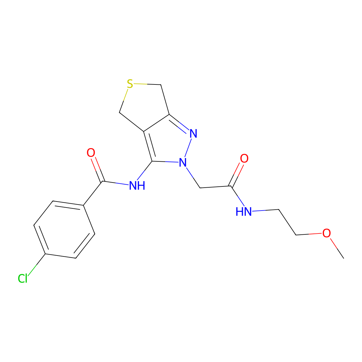 4-chloro-N-(2-(2-((2-methoxyethyl)amino)-2-oxoethyl)-4,6-dihydro-2H-thieno[3,4-c]pyrazol-3-yl)benzamide molecular structure, CAS 1105249-18-0