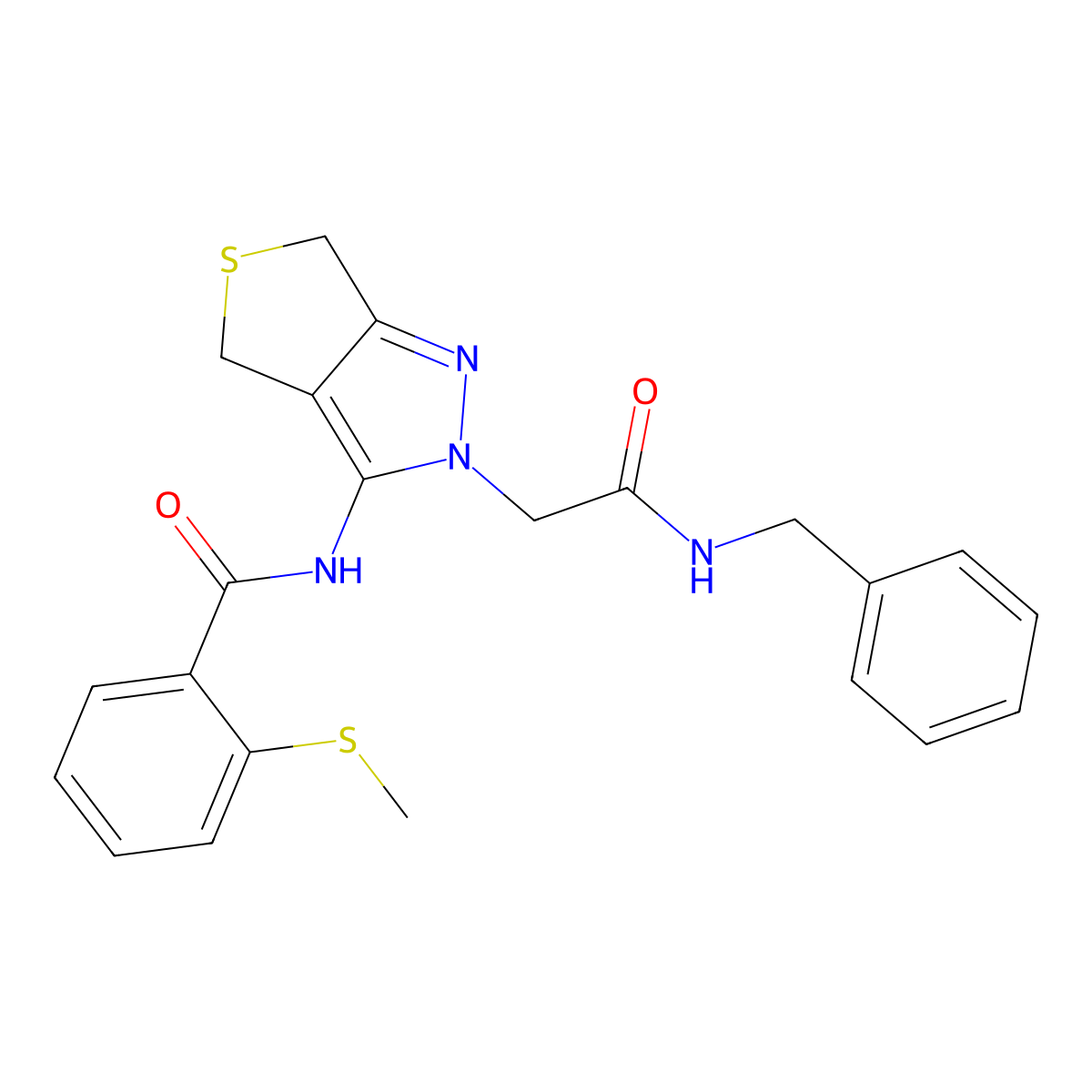 N-(2-(2-(benzylamino)-2-oxoethyl)-4,6-dihydro-2H-thieno[3,4-c]pyrazol-3-yl)-2-(methylthio)benzamide molecular structure, CAS 1105249-53-3