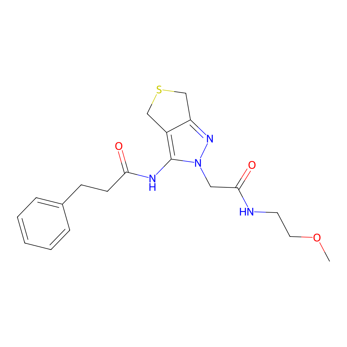 N-(2-(2-((2-methoxyethyl)amino)-2-oxoethyl)-4,6-dihydro-2H-thieno[3,4-c]pyrazol-3-yl)-3-phenylpropanamide molecular structure, CAS 1105249-54-4