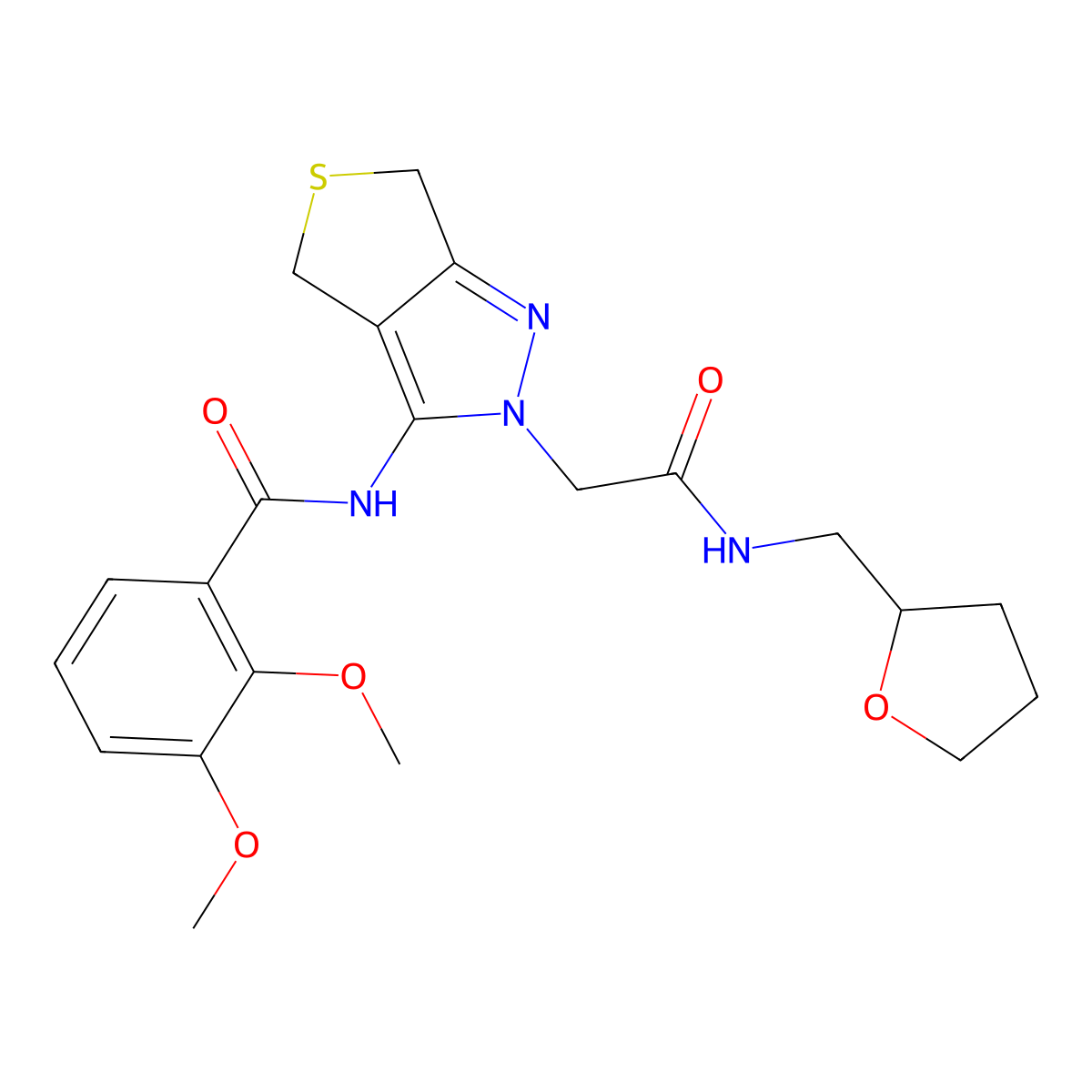 2,3-dimethoxy-N-(2-(2-oxo-2-(((tetrahydrofuran-2-yl)methyl)amino)ethyl)-4,6-dihydro-2H-thieno[3,4-c]pyrazol-3-yl)benzamide molecular structure, CAS 1105249-72-6