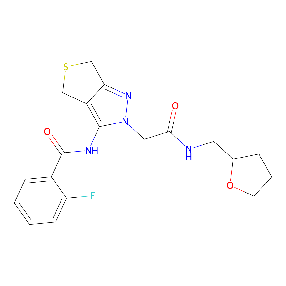 2-fluoro-N-(2-(2-oxo-2-(((tetrahydrofuran-2-yl)methyl)amino)ethyl)-4,6-dihydro-2H-thieno[3,4-c]pyrazol-3-yl)benzamide molecular structure, CAS 1105249-78-2