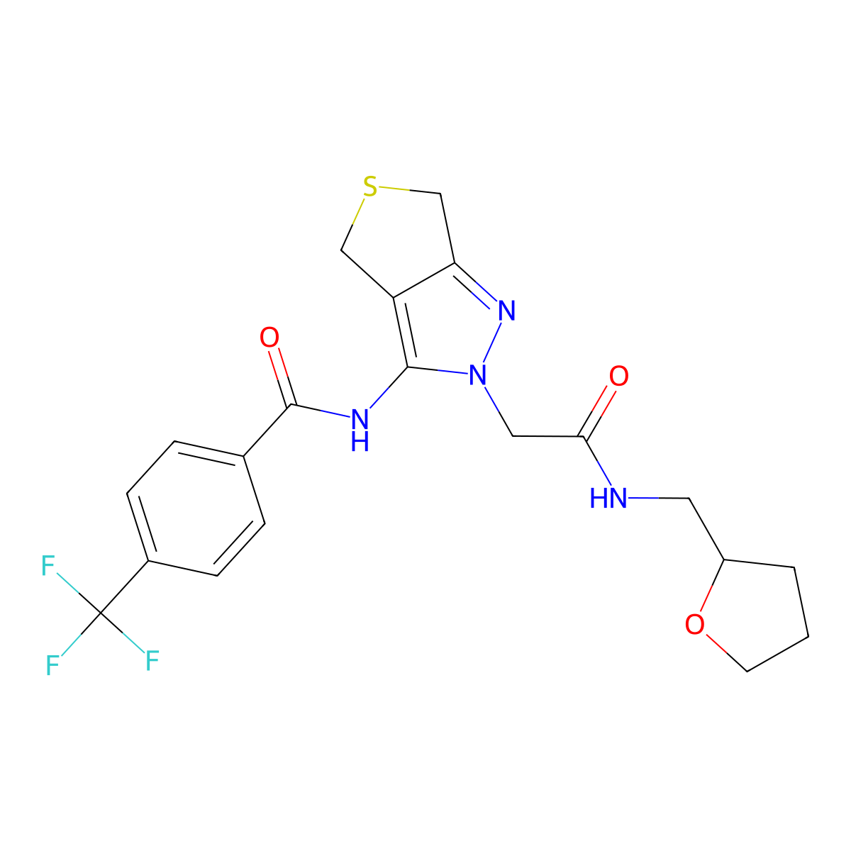 N-(2-(2-oxo-2-(((tetrahydrofuran-2-yl)methyl)amino)ethyl)-4,6-dihydro-2H-thieno[3,4-c]pyrazol-3-yl)-4-(trifluoromethyl)benzamide molecular structure, CAS 1105249-84-0