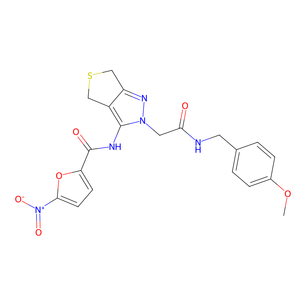 N-(2-(2-((4-methoxybenzyl)amino)-2-oxoethyl)-4,6-dihydro-2H-thieno[3,4-c]pyrazol-3-yl)-5-nitrofuran-2-carboxamide molecular structure, CAS 1105249-89-5