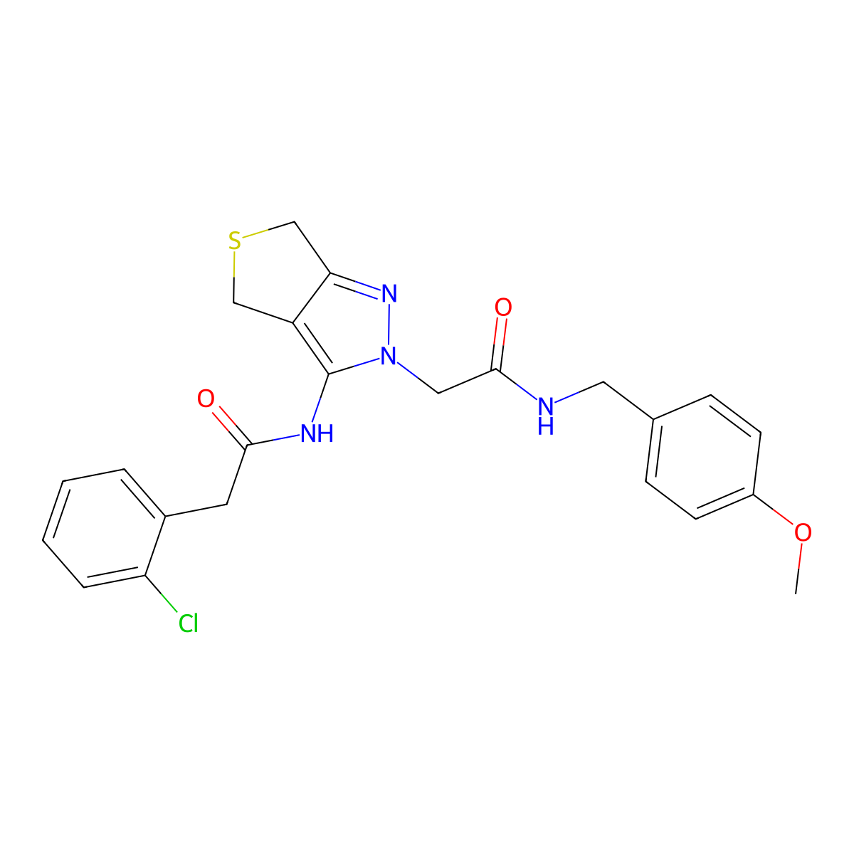 2-(2-chlorophenyl)-N-(2-(2-((4-methoxybenzyl)amino)-2-oxoethyl)-4,6-dihydro-2H-thieno[3,4-c]pyrazol-3-yl)acetamide molecular structure, CAS 1105249-95-3