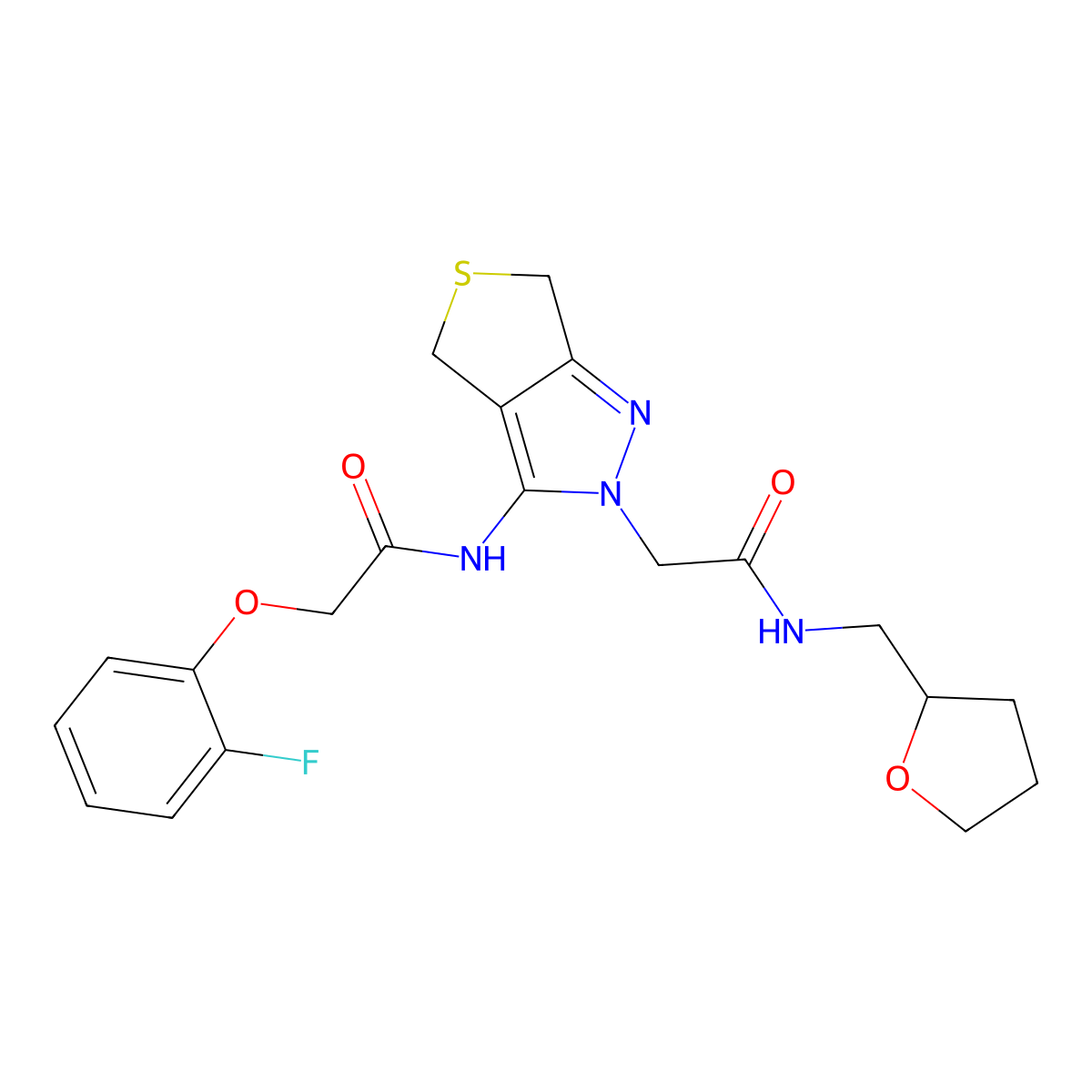2-(2-fluorophenoxy)-N-(2-(2-oxo-2-(((tetrahydrofuran-2-yl)methyl)amino)ethyl)-4,6-dihydro-2H-thieno[3,4-c]pyrazol-3-yl)acetamide molecular structure, CAS 1105249-96-4