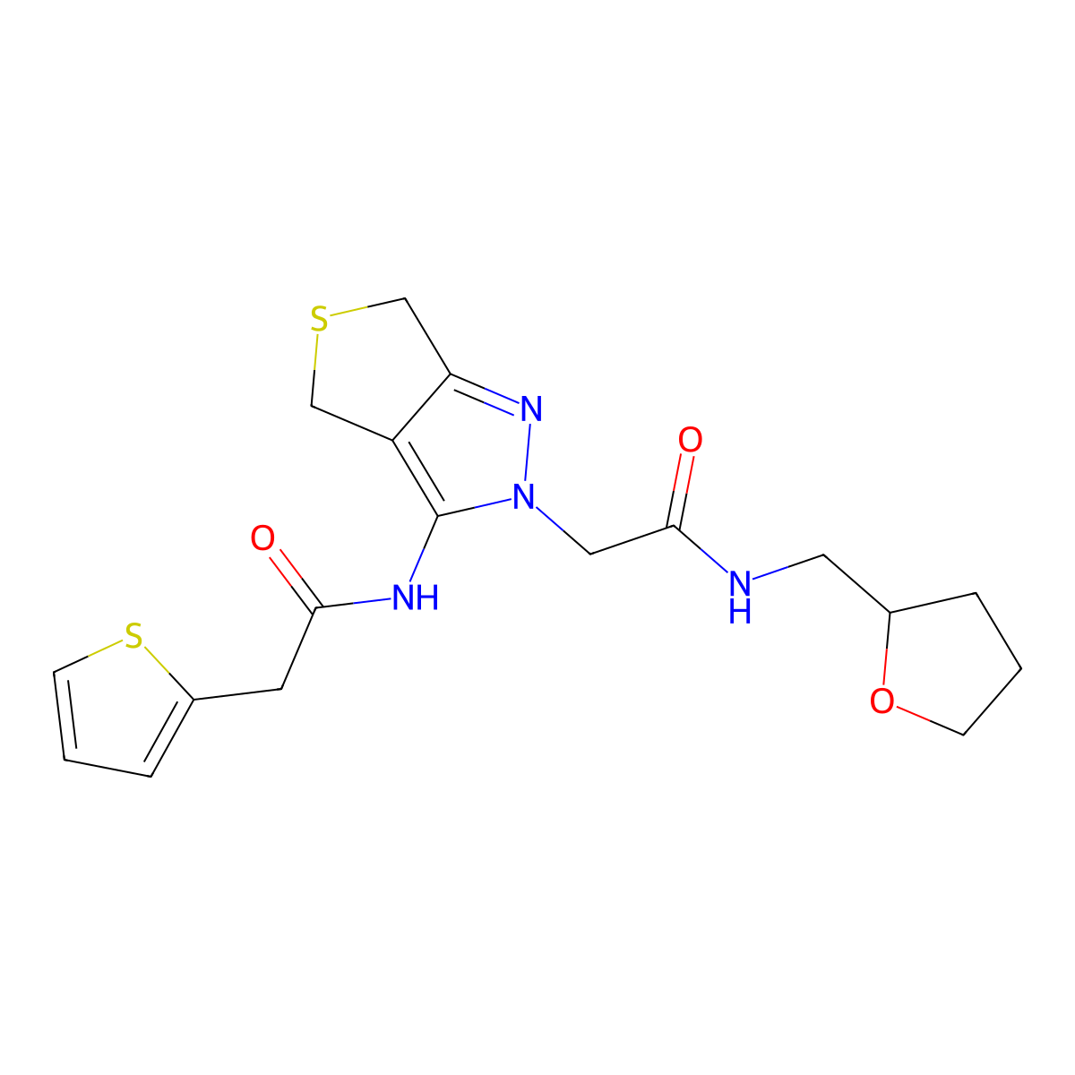 N-(2-(2-oxo-2-(((tetrahydrofuran-2-yl)methyl)amino)ethyl)-4,6-dihydro-2H-thieno[3,4-c]pyrazol-3-yl)-2-(thiophen-2-yl)acetamide molecular structure, CAS 1105250-02-9