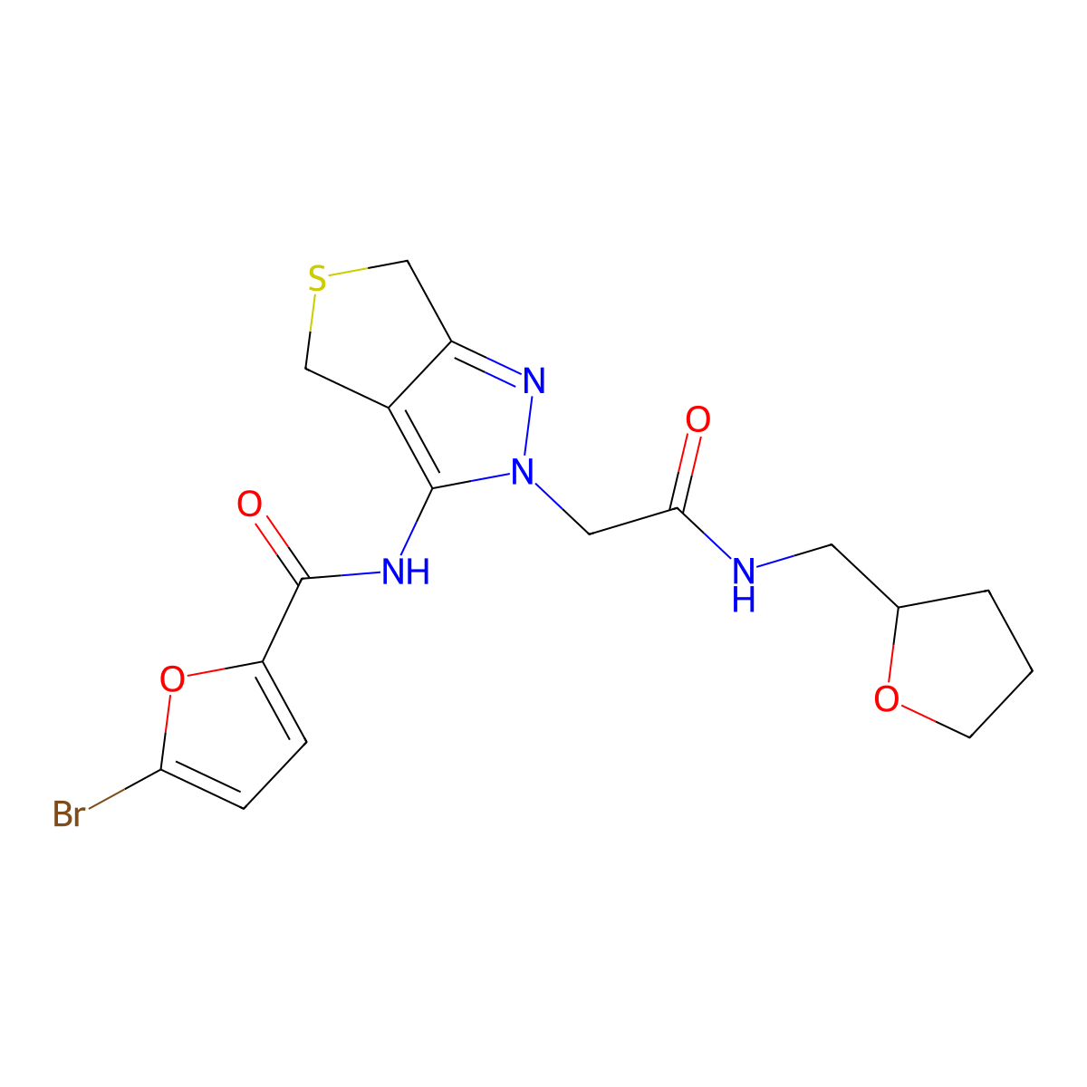5-bromo-N-(2-(2-oxo-2-(((tetrahydrofuran-2-yl)methyl)amino)ethyl)-4,6-dihydro-2H-thieno[3,4-c]pyrazol-3-yl)furan-2-carboxamide molecular structure, CAS 1105250-14-3