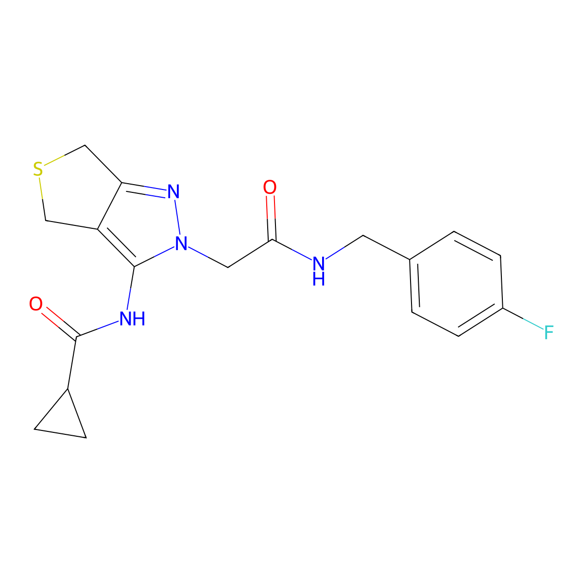 N-(2-(2-((4-fluorobenzyl)amino)-2-oxoethyl)-4,6-dihydro-2H-thieno[3,4-c]pyrazol-3-yl)cyclopropanecarboxamide molecular structure, CAS 1105250-19-8