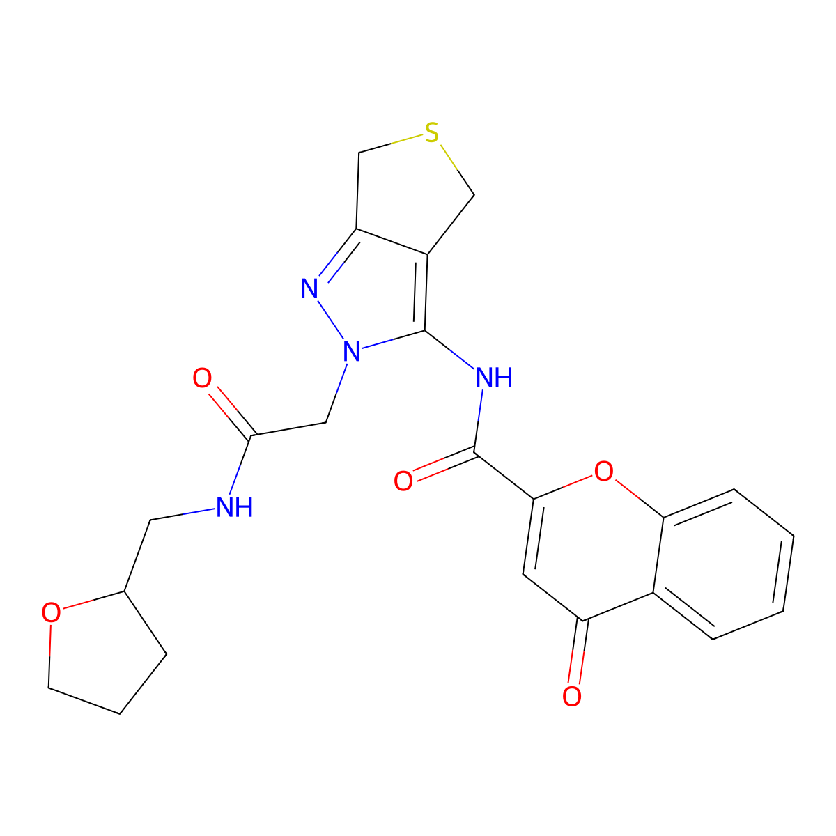 4-oxo-N-(2-(2-oxo-2-(((tetrahydrofuran-2-yl)methyl)amino)ethyl)-4,6-dihydro-2H-thieno[3,4-c]pyrazol-3-yl)-4H-chromene-2-carboxamide molecular structure, CAS 1105250-20-1