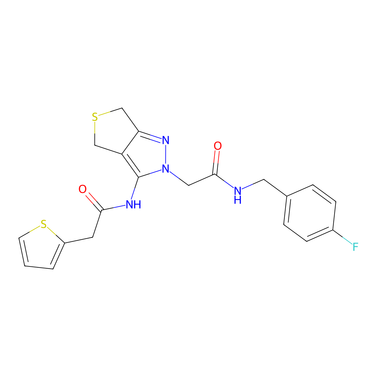 N-(4-fluorobenzyl)-2-(3-(2-(thiophen-2-yl)acetamido)-4,6-dihydro-2H-thieno[3,4-c]pyrazol-2-yl)acetamide molecular structure, CAS 1105250-37-0