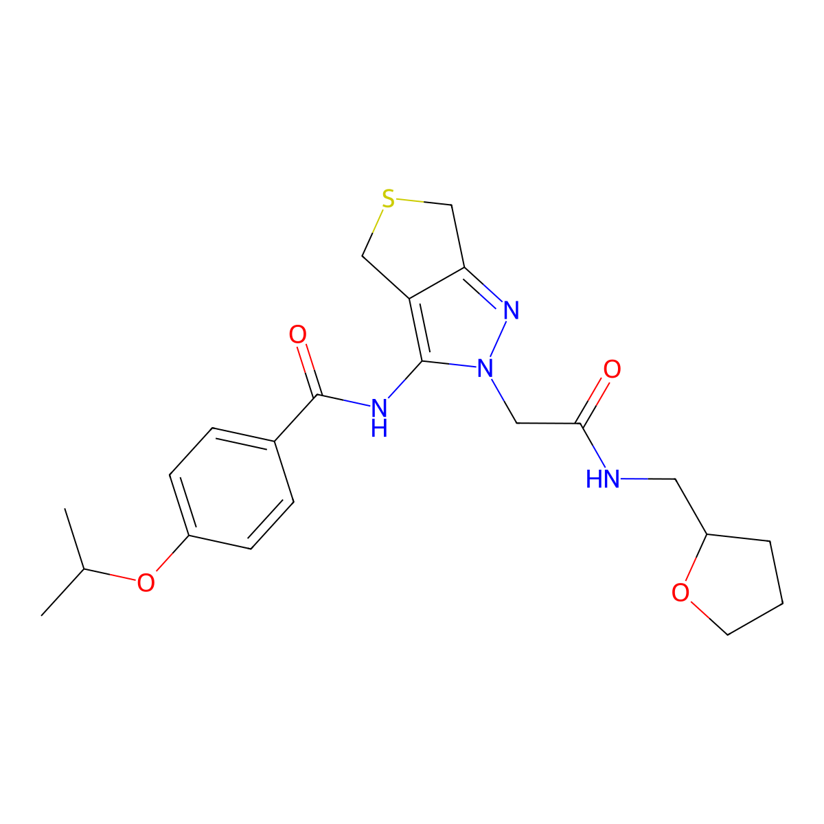 4-isopropoxy-N-(2-(2-oxo-2-(((tetrahydrofuran-2-yl)methyl)amino)ethyl)-4,6-dihydro-2H-thieno[3,4-c]pyrazol-3-yl)benzamide molecular structure, CAS 1105250-38-1