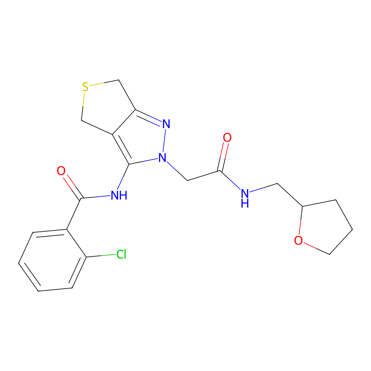 2-chloro-N-(2-(2-oxo-2-(((tetrahydrofuran-2-yl)methyl)amino)ethyl)-4,6-dihydro-2H-thieno[3,4-c]pyrazol-3-yl)benzamide molecular structure, CAS 1105250-44-9