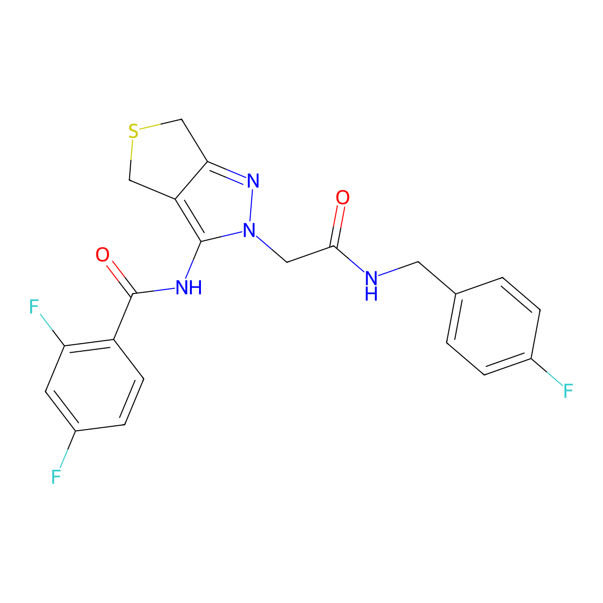 2,4-difluoro-N-(2-(2-((4-fluorobenzyl)amino)-2-oxoethyl)-4,6-dihydro-2H-thieno[3,4-c]pyrazol-3-yl)benzamide molecular structure, CAS 1105250-49-4