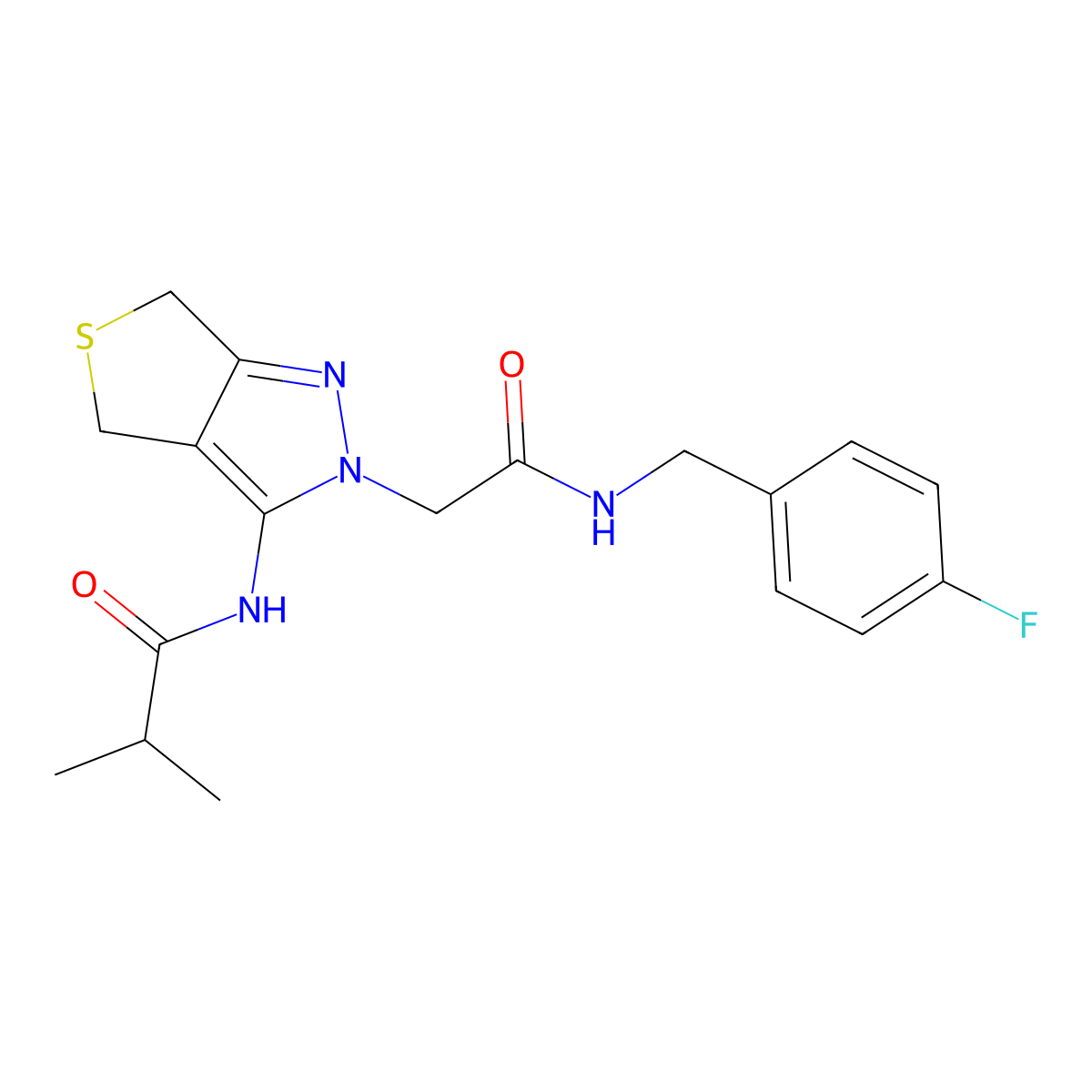 N-(2-(2-((4-fluorobenzyl)amino)-2-oxoethyl)-4,6-dihydro-2H-thieno[3,4-c]pyrazol-3-yl)isobutyramide molecular structure, CAS 1105250-55-2