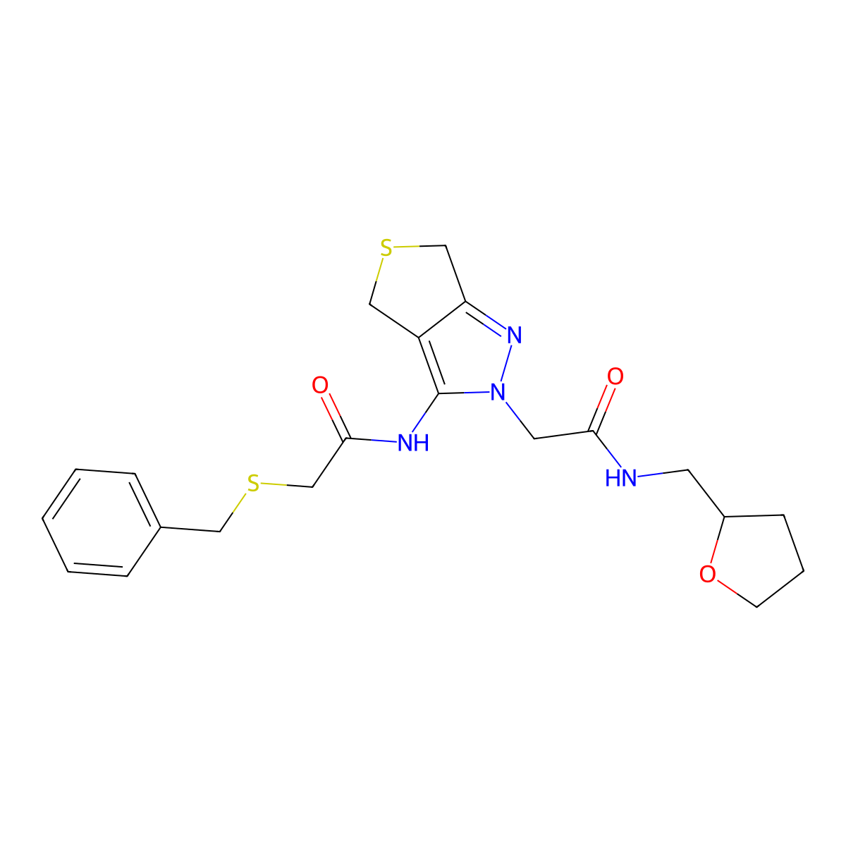 2-(benzylthio)-N-(2-(2-oxo-2-(((tetrahydrofuran-2-yl)methyl)amino)ethyl)-4,6-dihydro-2H-thieno[3,4-c]pyrazol-3-yl)acetamide molecular structure, CAS 1105250-56-3