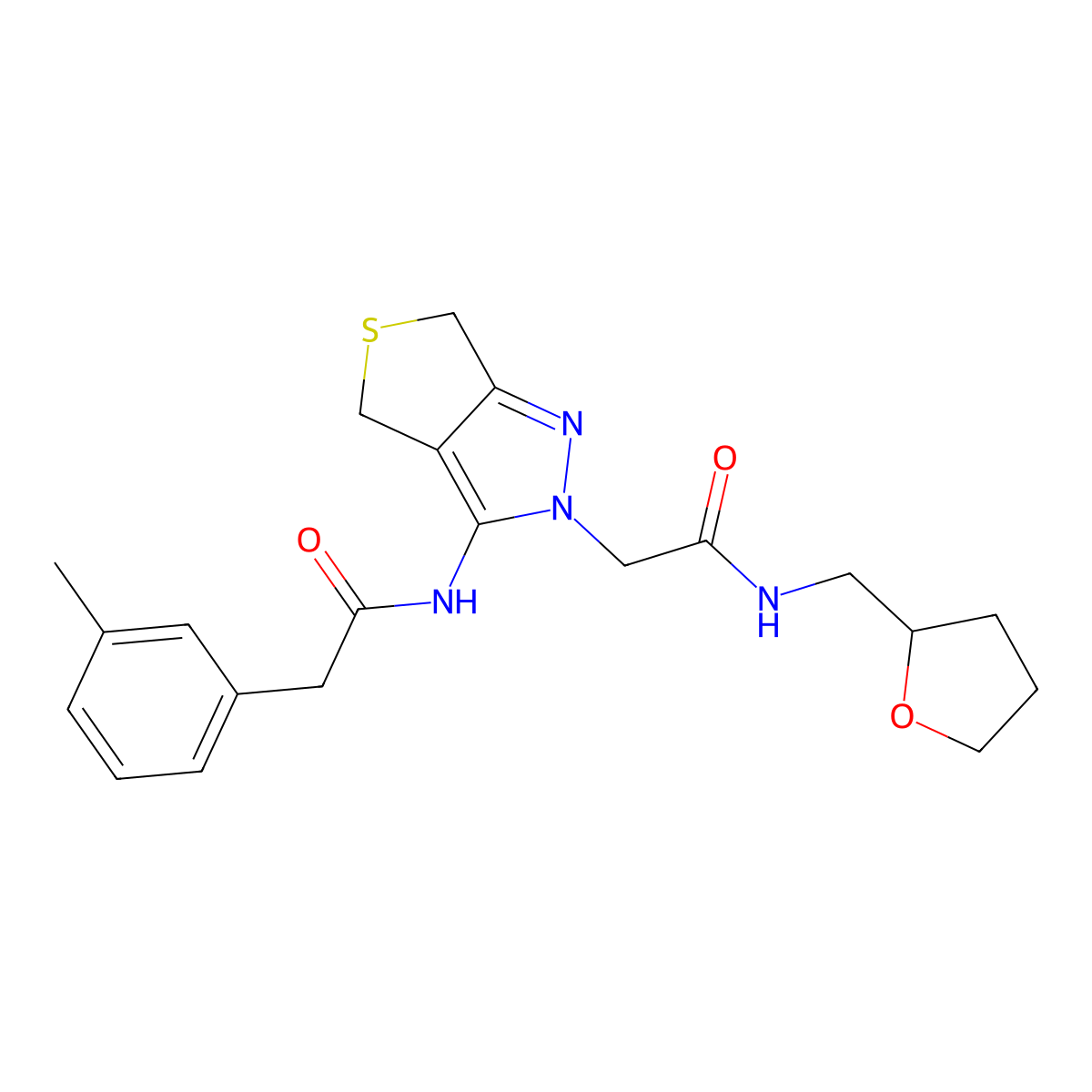 N-(2-(2-oxo-2-(((tetrahydrofuran-2-yl)methyl)amino)ethyl)-4,6-dihydro-2H-thieno[3,4-c]pyrazol-3-yl)-2-(m-tolyl)acetamide molecular structure, CAS 1105250-62-1