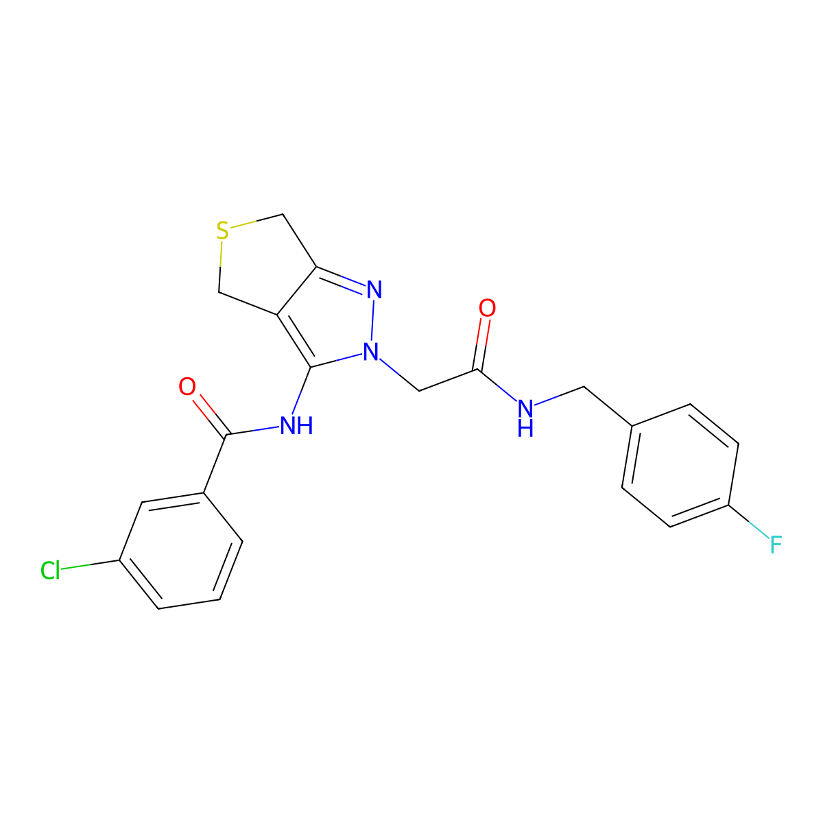 3-chloro-N-(2-(2-((4-fluorobenzyl)amino)-2-oxoethyl)-4,6-dihydro-2H-thieno[3,4-c]pyrazol-3-yl)benzamide molecular structure, CAS 1105250-67-6